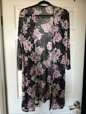 Iris Black Sheer Floral Duster with Pink Roses